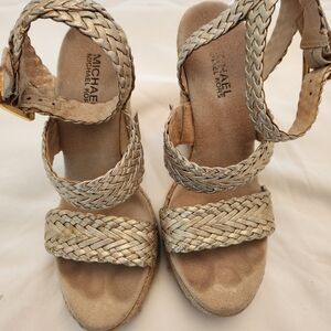 Michael Kors Gold Wedge Sandals with Braided Design